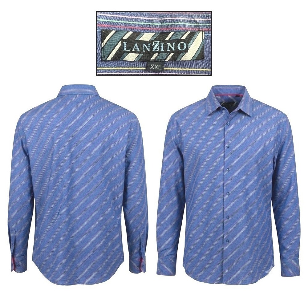 Lanzino Mens XXL Blue Diagonal Multi Color Stripe Cotton French Cuff Shirt  Luxe